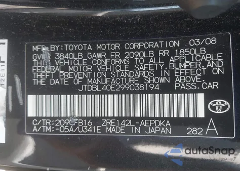 2009 Toyota Corolla Le from USA, damaged, VIN JTDBL40E299038194